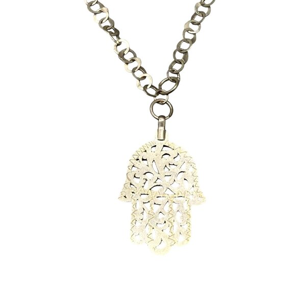 Filigree Hand of Fatima Pendant Chain Necklace Silver Tone Religious - Picture 7 of 7